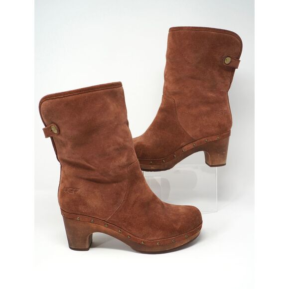 Ugg Lynnea Suede and Shearling Wooden Sole Clog Boots Red Wood Color - Picture 2 of 9
